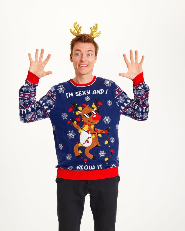 Pull de Noël bleu sexy et lumineux pour hommes