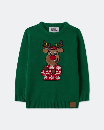 Pull de Noël vert à motif de renne pour enfants