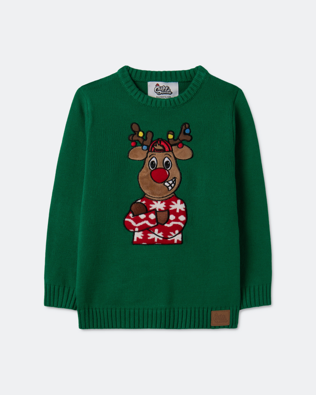 Pull de Noël vert à motif de renne pour enfants