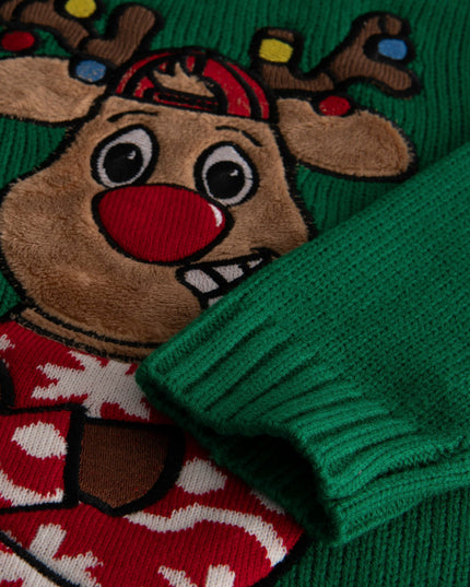 Pull de Noël vert à motif de renne pour enfants