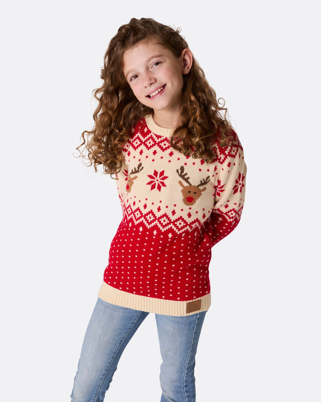 Pull de Noël rouge rétro à motif renne pour enfants
