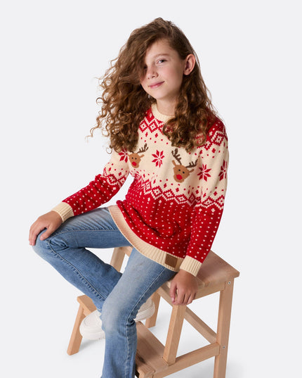 Pull de Noël rouge rétro à motif renne pour enfants