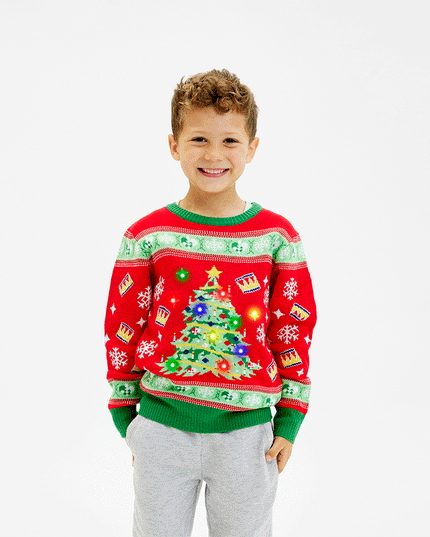 Pull de Noël enfant avec sapin lumineux - Modèle moche de Noël