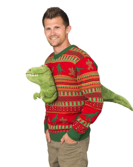 Pull de Noël moche en peluche T-Rex 3D