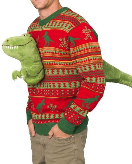 Pull de Noël moche en peluche T-Rex 3D