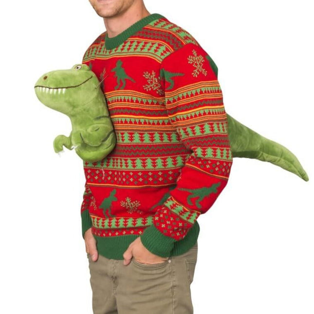 Pull de Noël moche en peluche T-Rex 3D