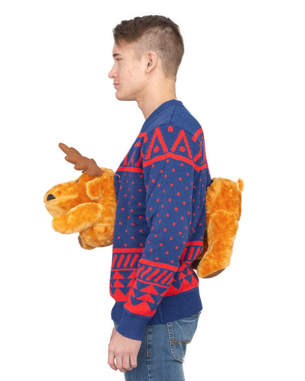 Pull de Noël moche bleu marine avec motif d'élan en 3D