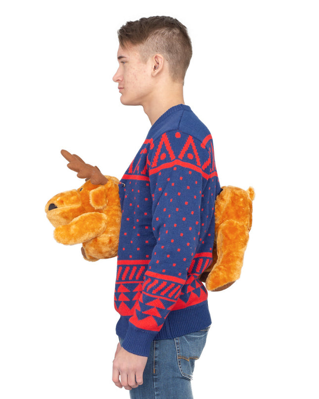 Pull de Noël moche bleu marine avec motif d'élan en 3D