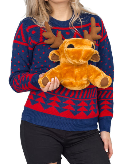 Pull de Noël moche pour femme, bleu marine, motif orignal 3D