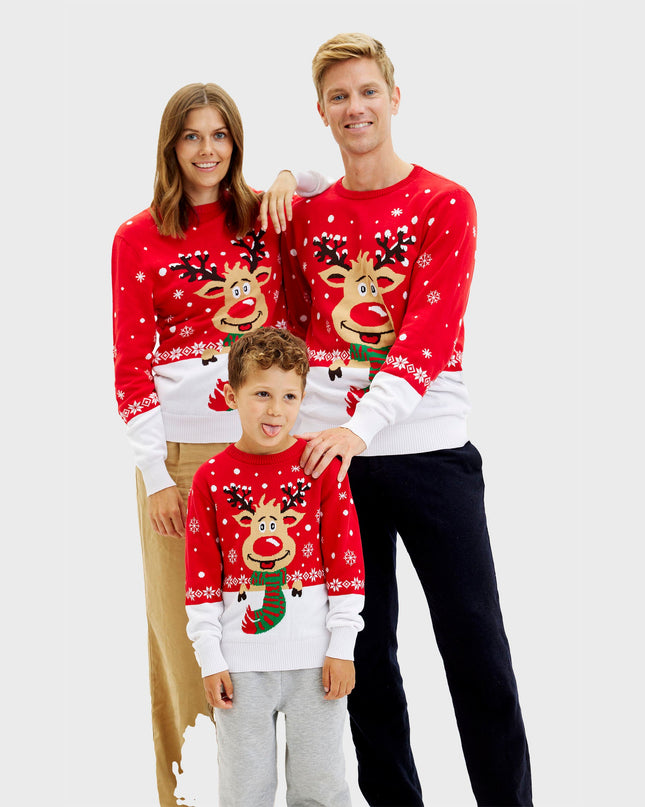 Pull de Noël rouge Rudolph pour femme - Style familial pour les fêtes.