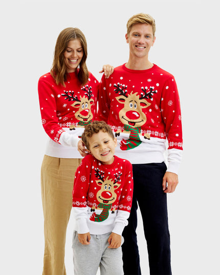 Pull de Noël rouge Rudolph pour femme - Style familial pour les fêtes.