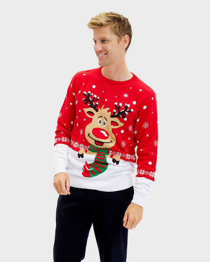 Pull de Noël rouge Rudolph pour homme - Style Fêtes de Famille