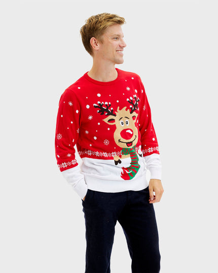 Pull de Noël rouge Rudolph pour homme - Style Fêtes de Famille
