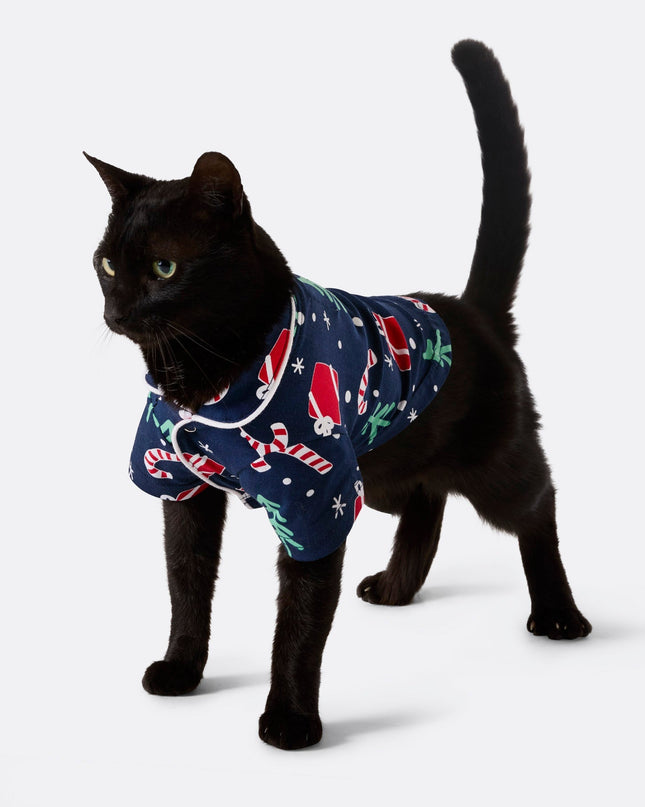 Pyjamas familiaux à motifs de Noël bleus avec des chats | Pyjamas de fêtes amusants