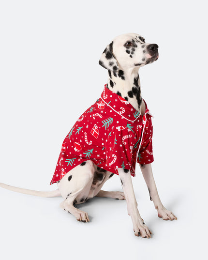 Pyjamas rouges à motifs de Noël pour chiens | Vêtements de nuit mignons pour les fêtes pour animaux de compagnie
