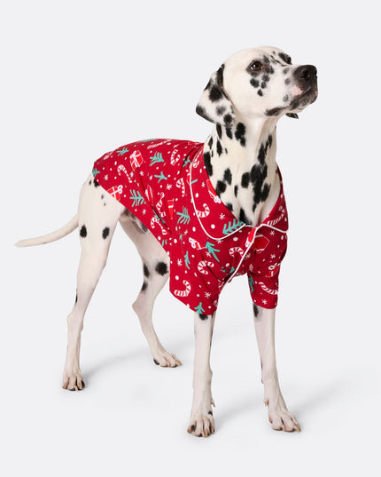 Pyjamas rouges à motifs de Noël pour chiens | Vêtements de nuit mignons pour les fêtes pour animaux de compagnie