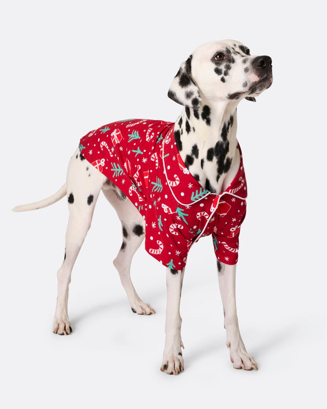 Pyjamas rouges à motifs de Noël pour chiens | Vêtements de nuit mignons pour les fêtes pour animaux de compagnie