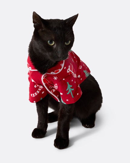 Pyjamas familiaux à motifs de Noël rouges avec chats | Vêtements de nuit amusants pour les fêtes