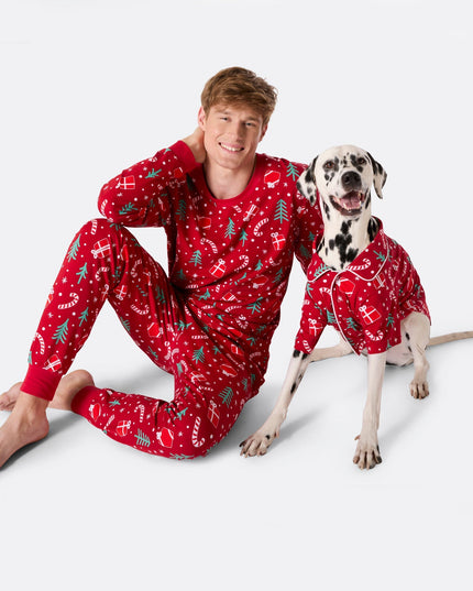 Pyjamas rouges à motifs de Noël pour chiens | Vêtements de nuit mignons pour les fêtes pour animaux de compagnie
