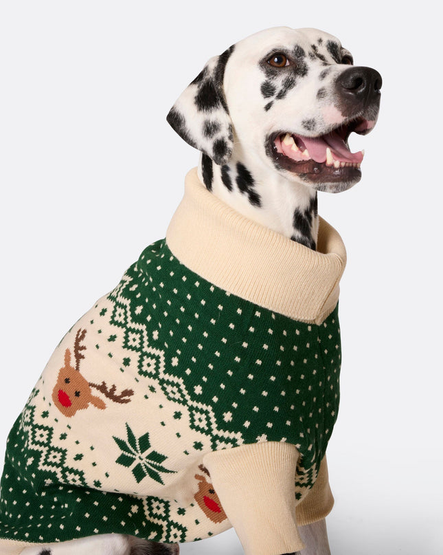 Pull rétro vert à motif renne pour chien | Vêtements classiques pour animaux de compagnie pour les fêtes