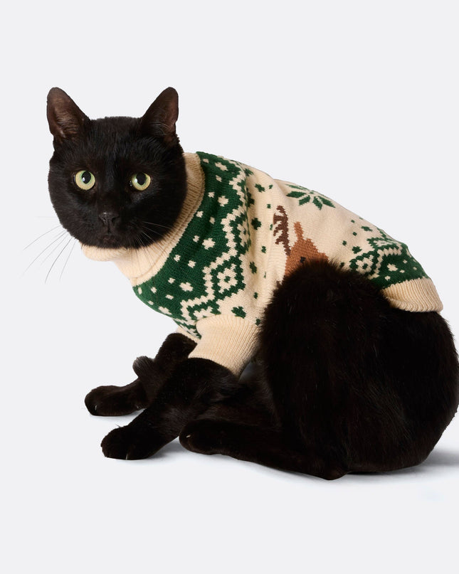 Pull de Noël rétro vert à motif renne pour chats | Vêtements festifs pour toute la famille