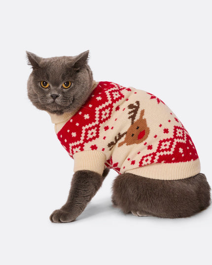 Pull de Noël rétro rouge à motif renne pour chats