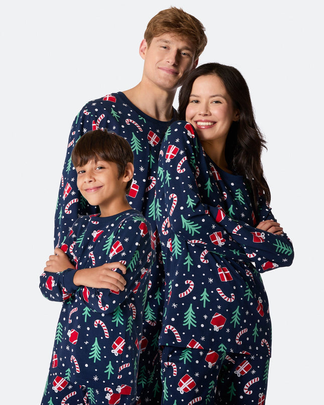Pyjamas familiaux à motifs de Noël bleus | Ensemble de fêtes confortable