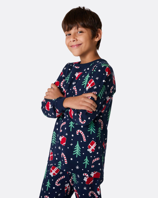 Pyjama bleu à motifs de Noël pour enfants | Vêtements de nuit festifs