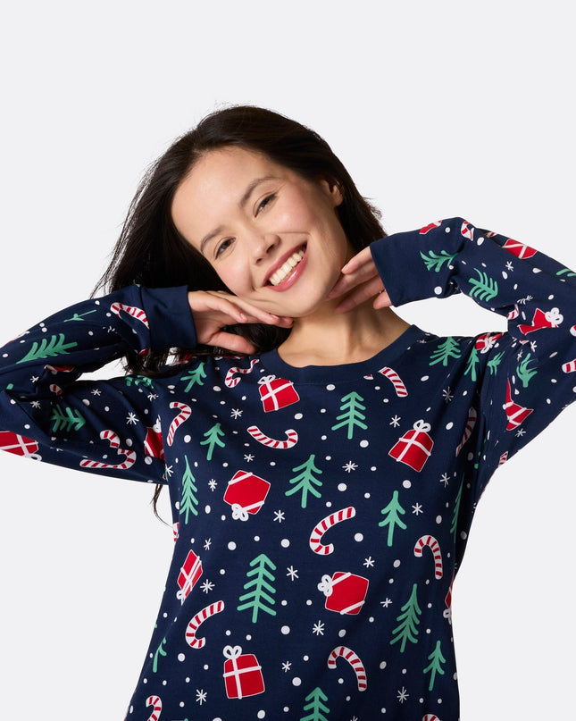 Pyjamas familiaux à motifs de Noël bleus | Ensemble de fêtes confortable