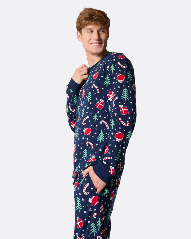 Pyjama bleu à motifs de Noël pour homme, idéal pour les soirées festives