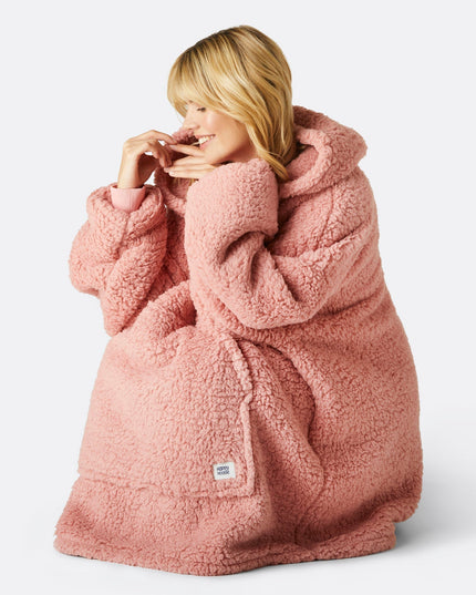 Sweat à capuche rose en sherpa HappyHoodie pour adultes - Confort best-seller