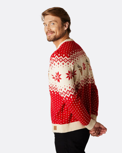 Pull de Noël rouge rétro à motif renne pour homme