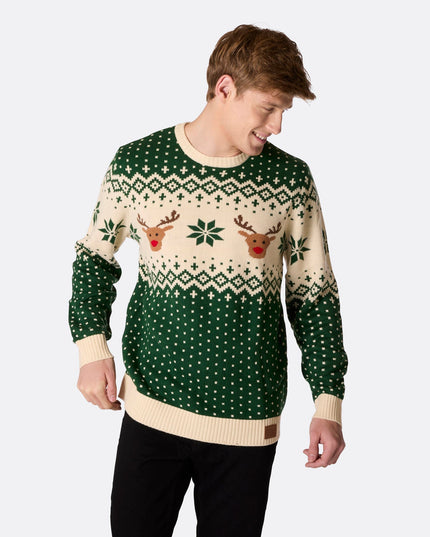 Pull de Noël vert à motif renne rétro pour homme