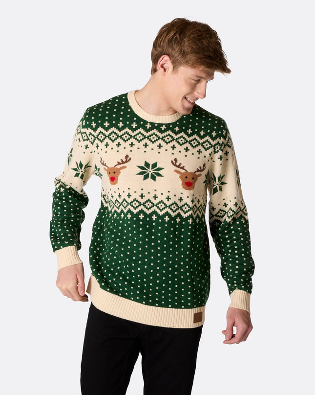 Pull de Noël vert à motif renne rétro pour homme