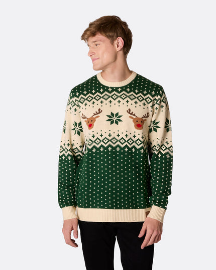 Pull de Noël rétro vert à motif renne pour homme