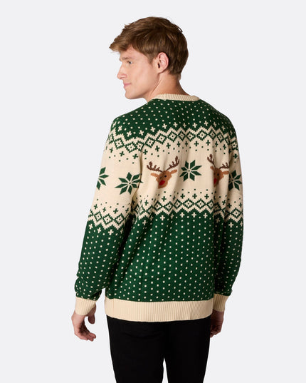 Pull de Noël vert à motif renne rétro pour homme