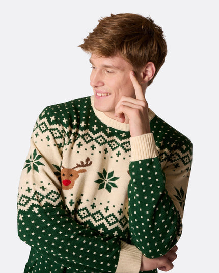 Pull de Noël vert à motif renne rétro pour homme