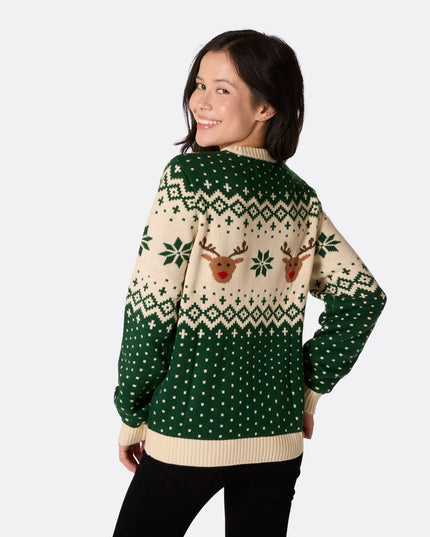 Pull de Noël vert à motif renne rétro pour femme