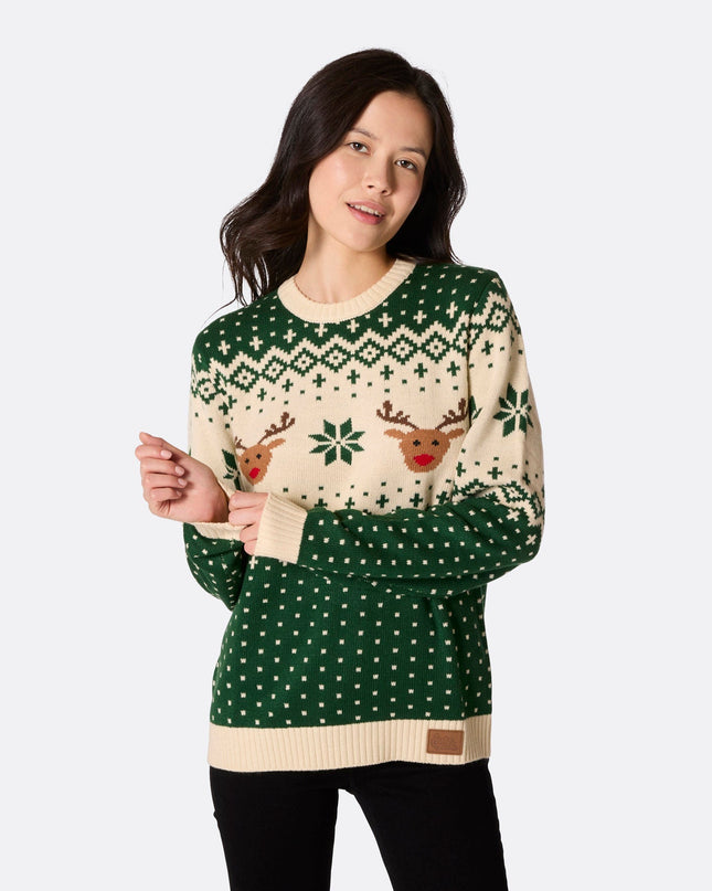Pull de Noël vert à motif renne rétro pour femme