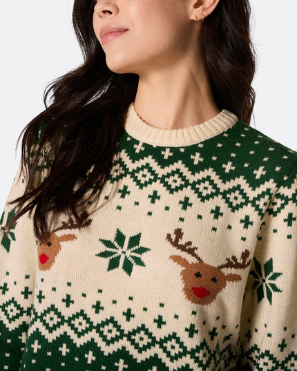 Pull de Noël vert à motif renne rétro pour femme