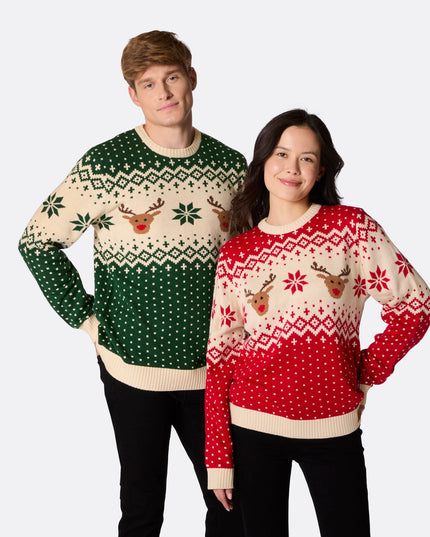 Pull de Noël vert à motif renne rétro pour femme