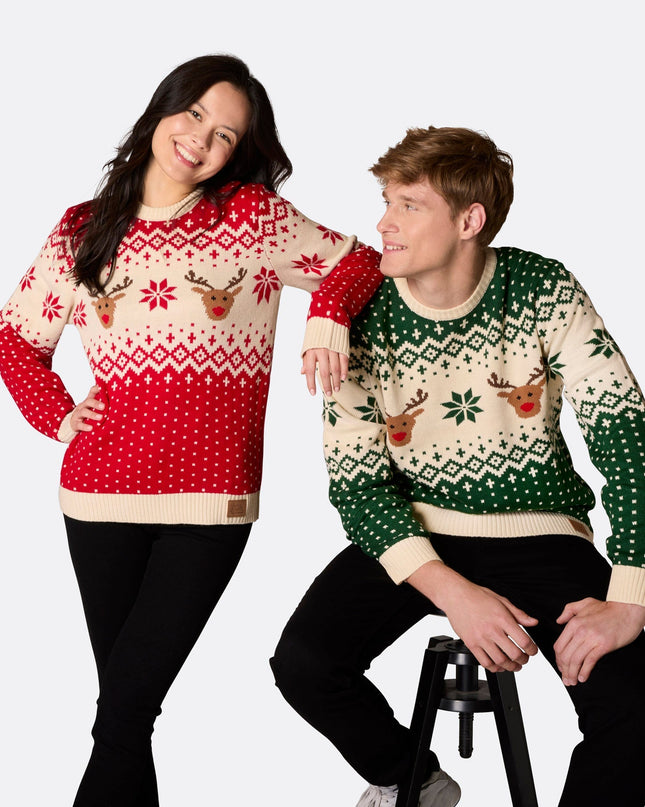 Pull de Noël vert à motif renne rétro pour homme