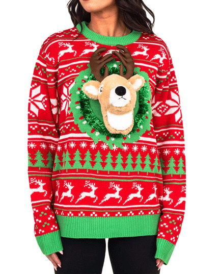 Pull de Noël moche à tête de trophée de renne en 3D LED