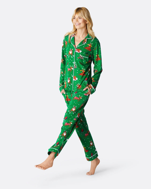 Ensemble pyjama de Noël pour femme avec motif rennes - Confort en flanelle pour les fêtes