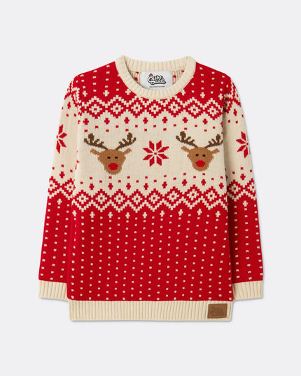 Pull de Noël rouge rétro à motif renne pour enfants