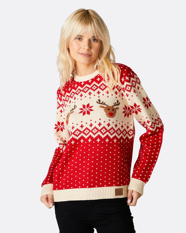 Pull de Noël rouge rétro à motif renne pour femme