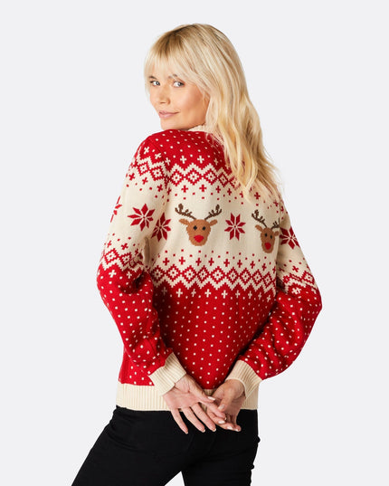 Pull de Noël rouge rétro à motif renne pour femme
