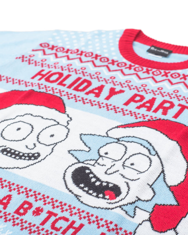 Pull de Noël moche bleu clair Rick et Morty pour fête des fêtes
