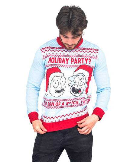 Pull de Noël moche bleu clair Rick et Morty pour fête des fêtes