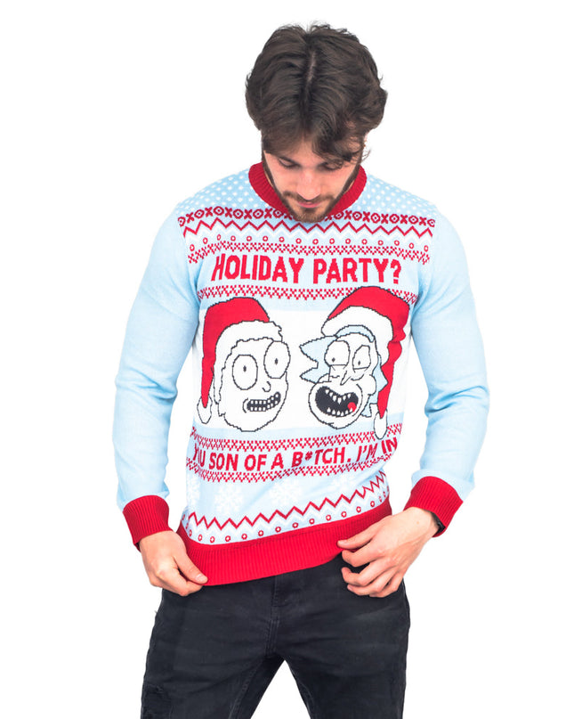 Pull de Noël moche bleu clair Rick et Morty pour fête des fêtes
